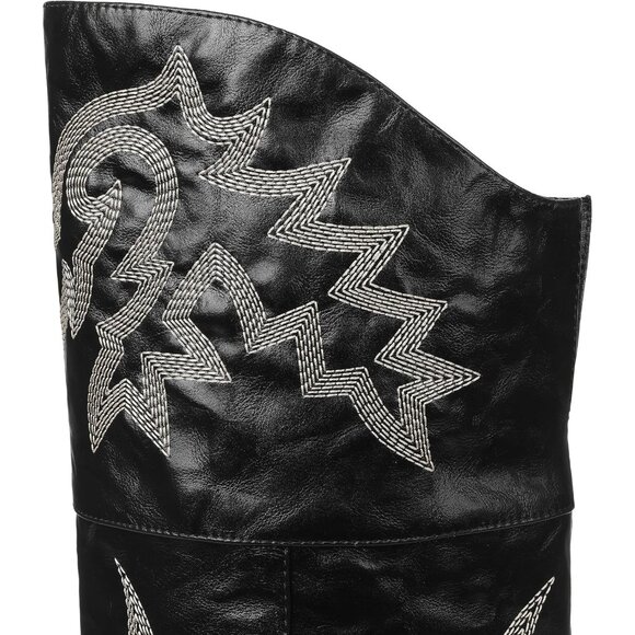 Women1Black Pu Polyurethane Embroidered Pointed Toe Chunky Heels Tall Boots - Picture 5 of 6